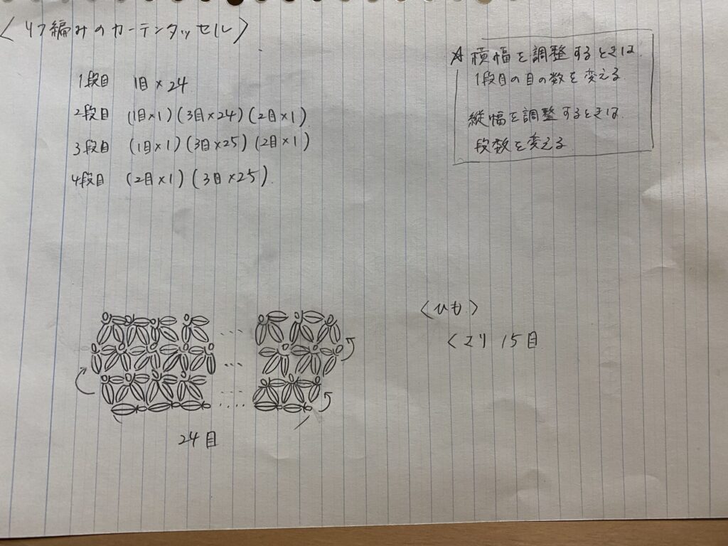 リフ編みで編むカーテンタッセルの編み図